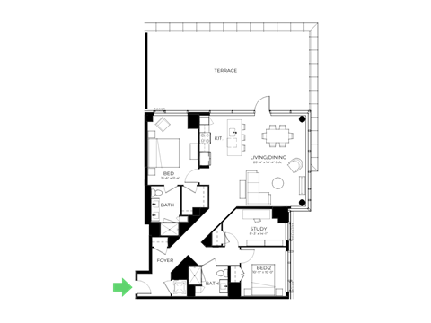 Floor plan for 3 beds, 2 baths, 1447 sqft